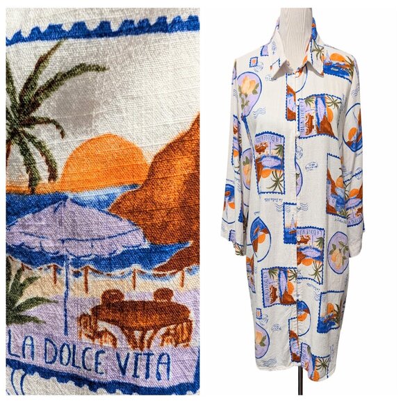 Love The Label Womens Sz L La Dolce Vita Postcards Rayon Linen Button Tunic Top - Picture 1 of 10